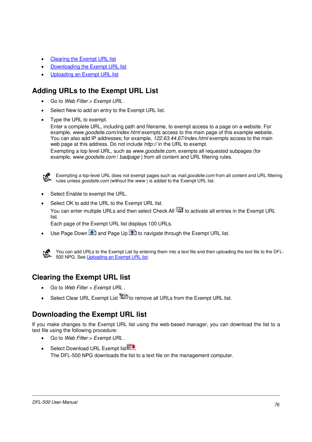 D-Link DFL-500 Adding URLs to the Exempt URL List, Clearing the Exempt URL list, Downloading the Exempt URL list 