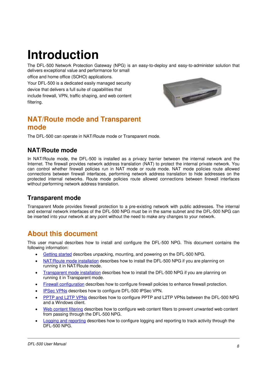 D-Link DFL-500 user manual Introduction, NAT/Route mode and Transparent mode, About this document 