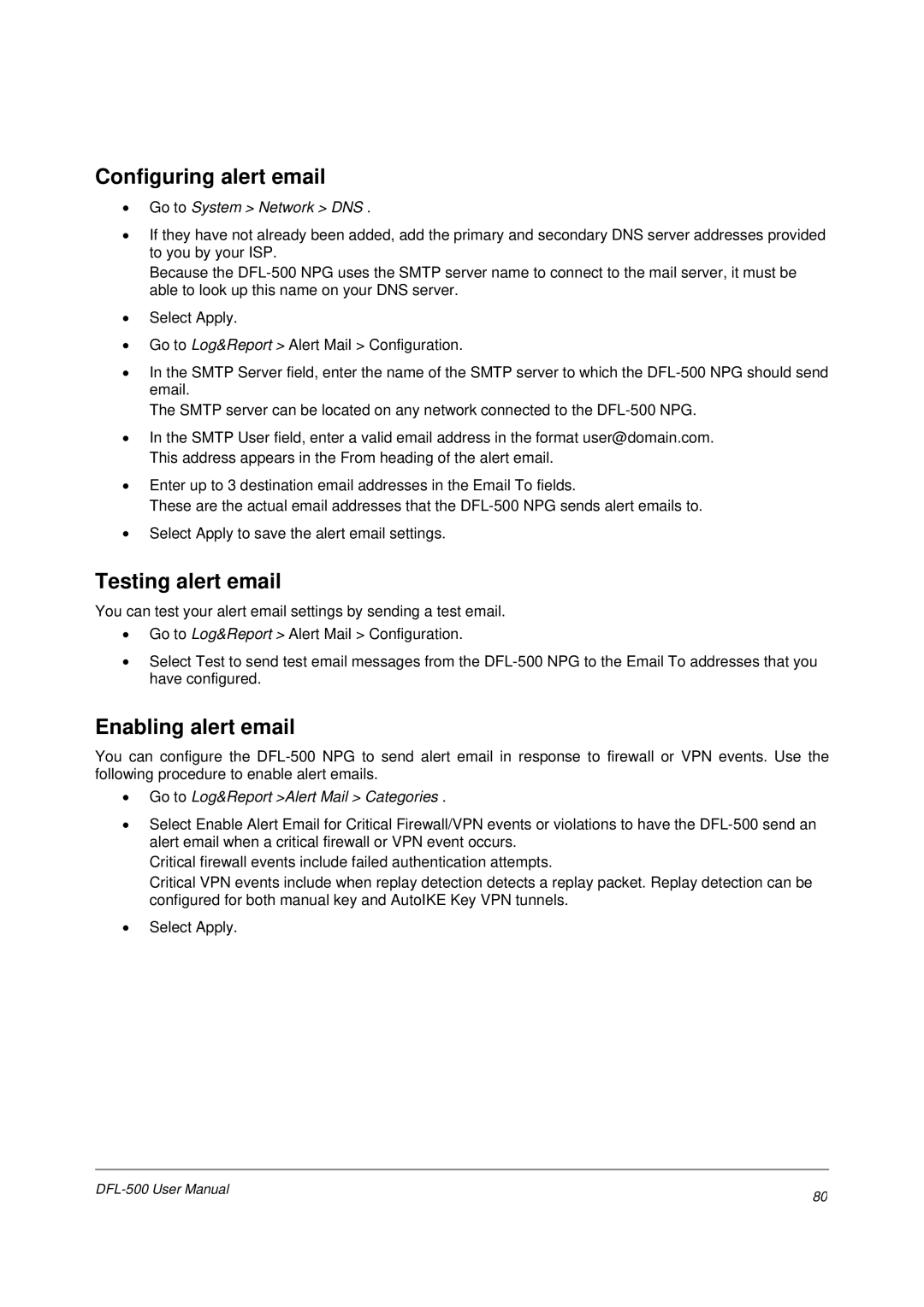 D-Link DFL-500 user manual Configuring alert email, Go to System Network DNS 