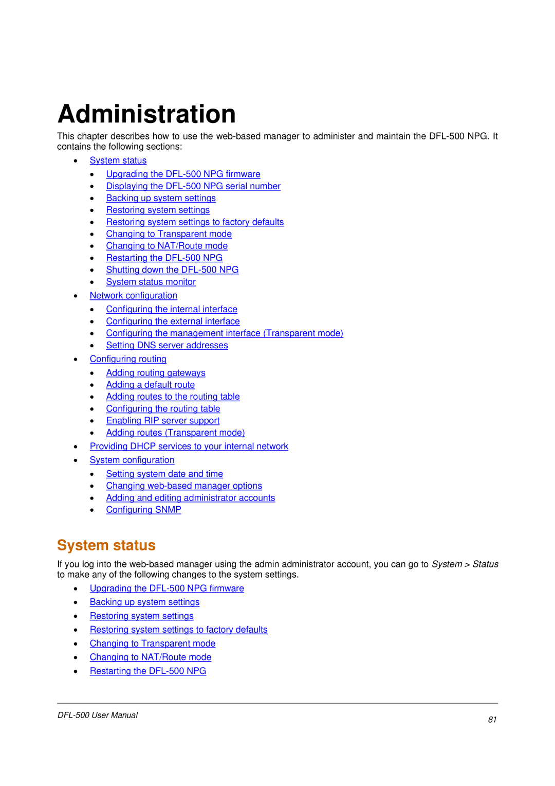 D-Link DFL-500 user manual Administration, System status 