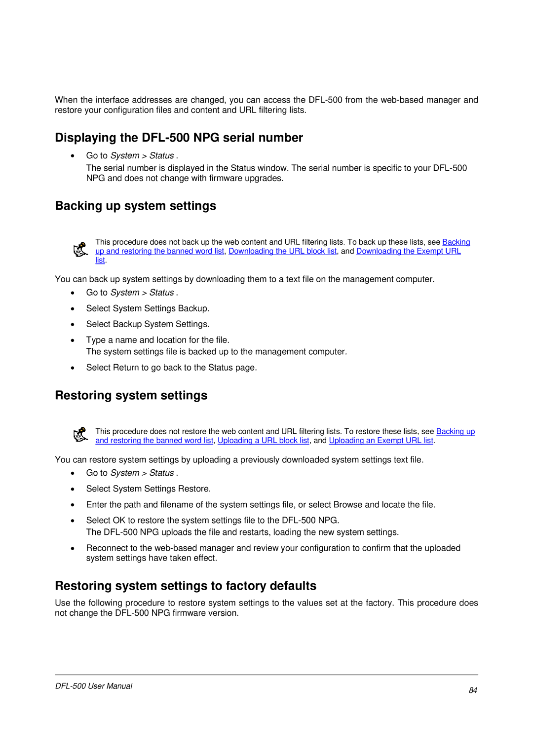 D-Link user manual Displaying the DFL-500 NPG serial number, Backing up system settings, Restoring system settings 