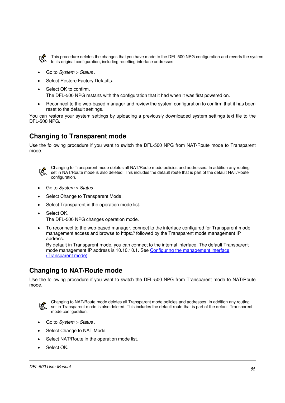 D-Link DFL-500 user manual Changing to Transparent mode 