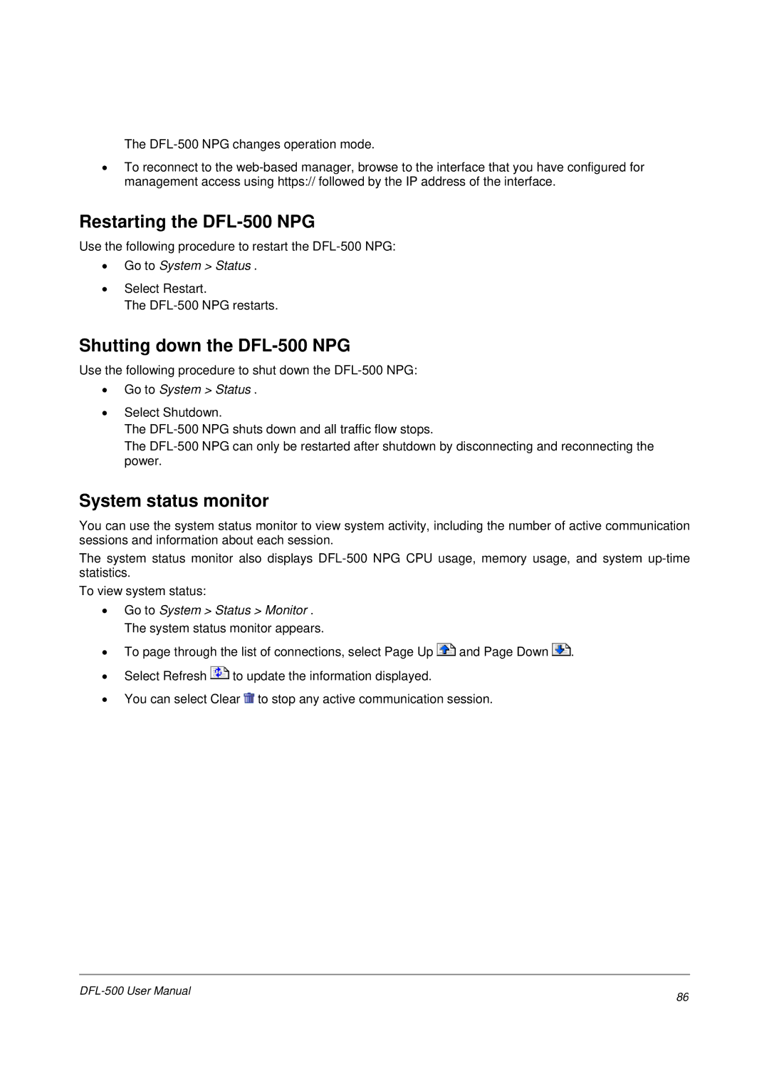 D-Link user manual Restarting the DFL-500 NPG, Shutting down the DFL-500 NPG, System status monitor 