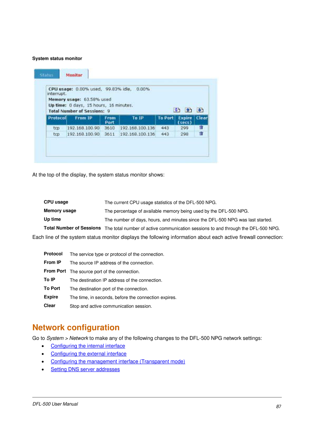 D-Link DFL-500 Network configuration, System status monitor, CPU usage Memory usage Up time Total Number of Sessions 