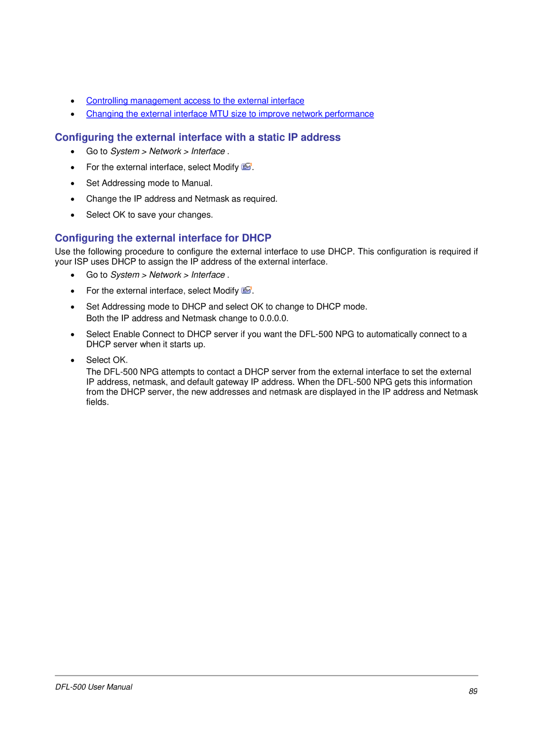 D-Link DFL-500 user manual Configuring the external interface with a static IP address 