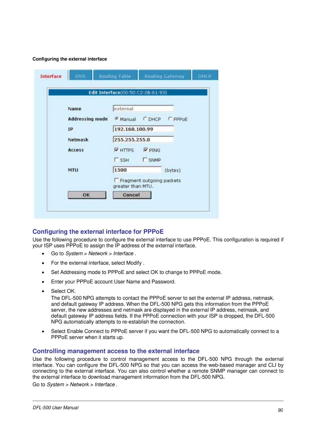 D-Link DFL-500 user manual Configuring the external interface for PPPoE 