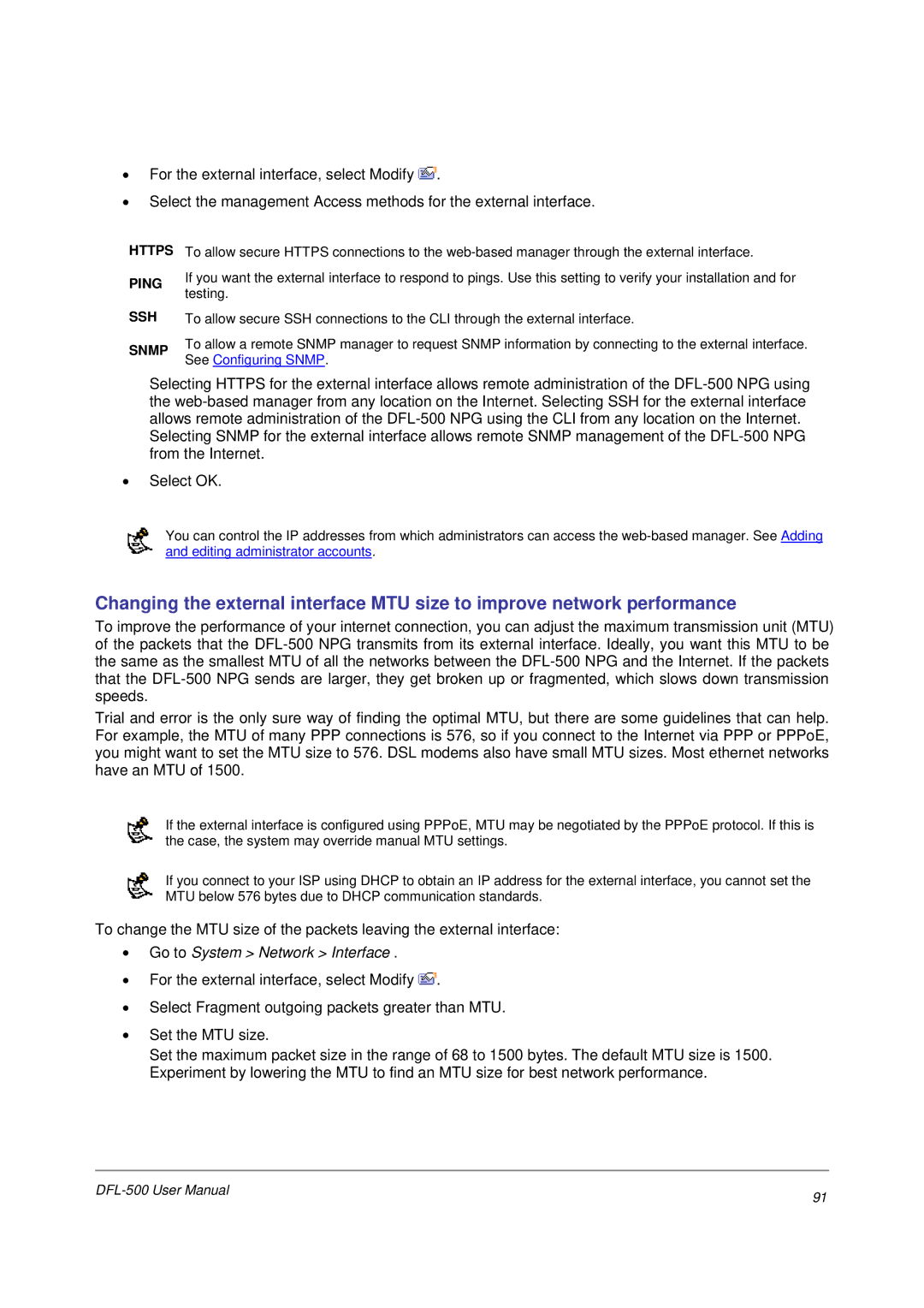 D-Link DFL-500 user manual Https Ping SSH Snmp 