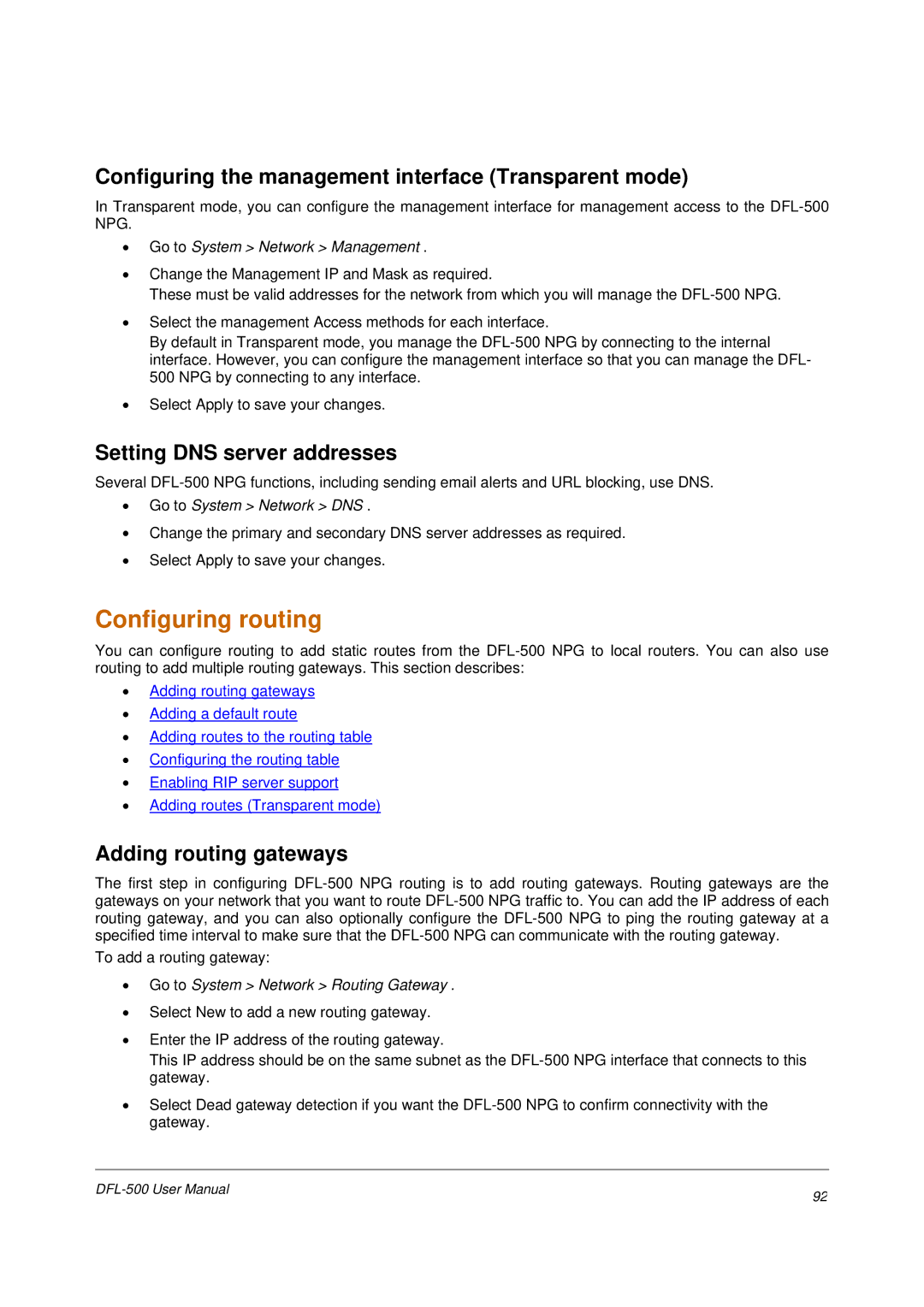 D-Link DFL-500 Configuring routing, Configuring the management interface Transparent mode, Setting DNS server addresses 