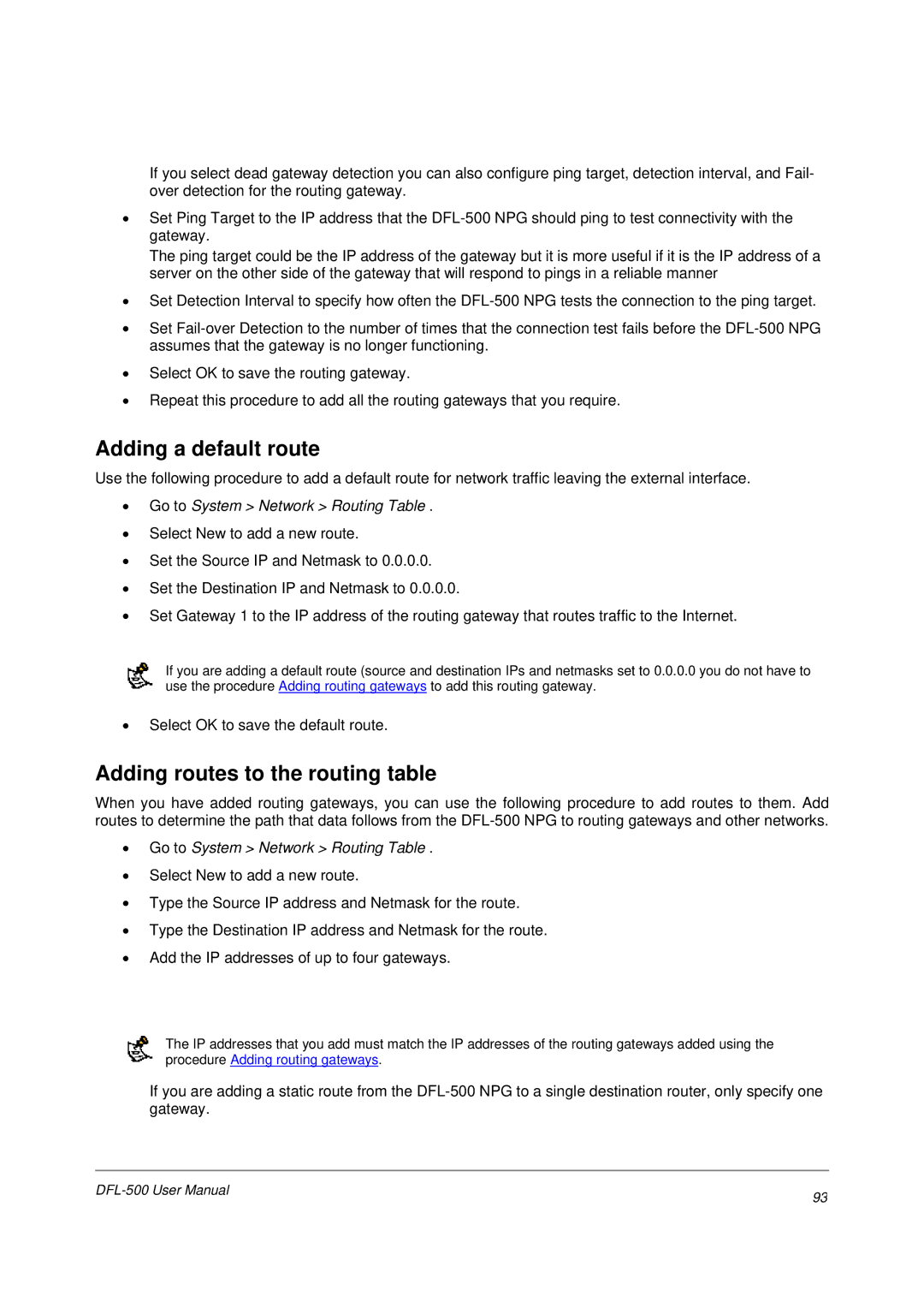 D-Link DFL-500 user manual Adding a default route, Adding routes to the routing table, Go to System Network Routing Table 