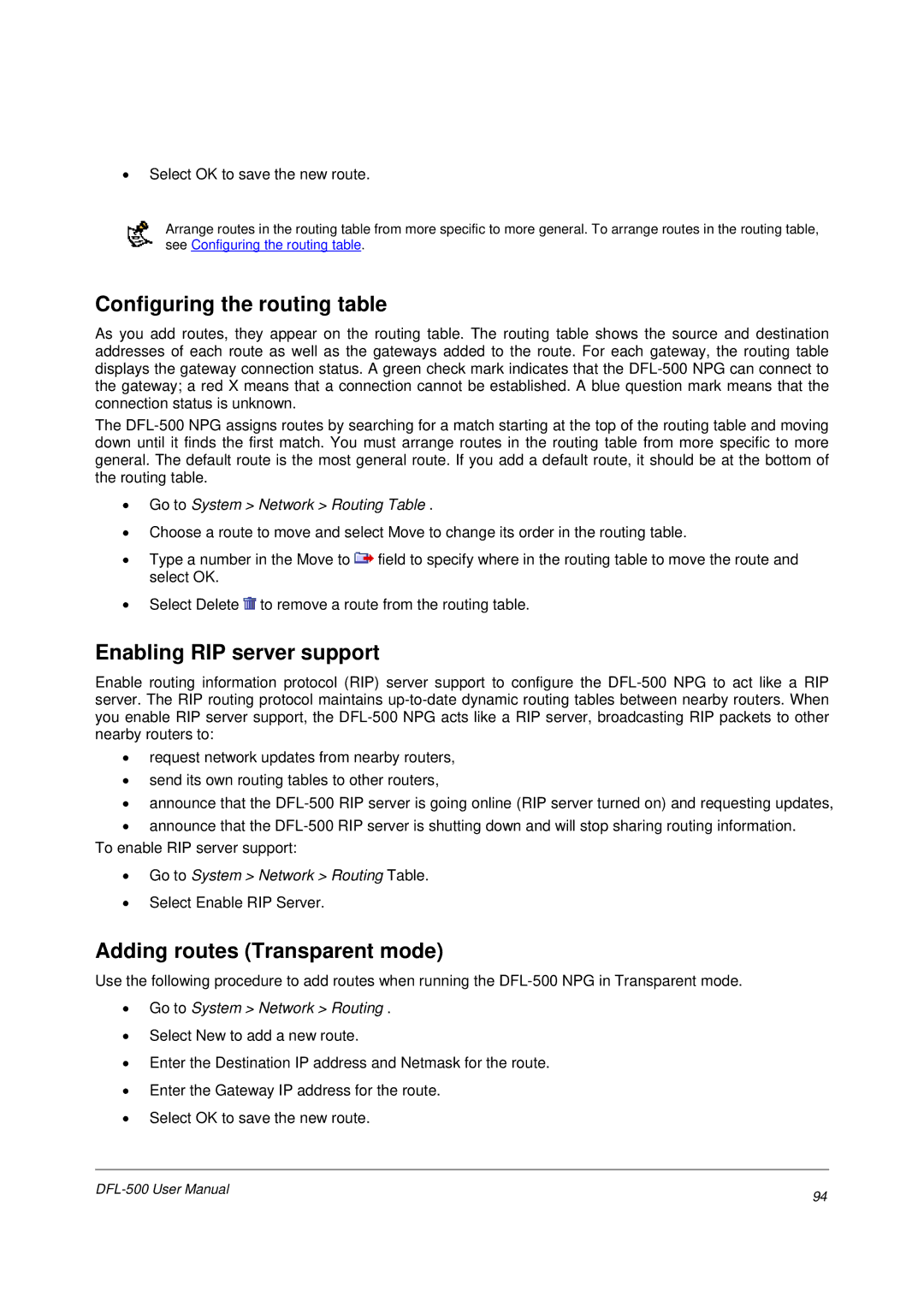 D-Link DFL-500 user manual Configuring the routing table, Enabling RIP server support, Adding routes Transparent mode 