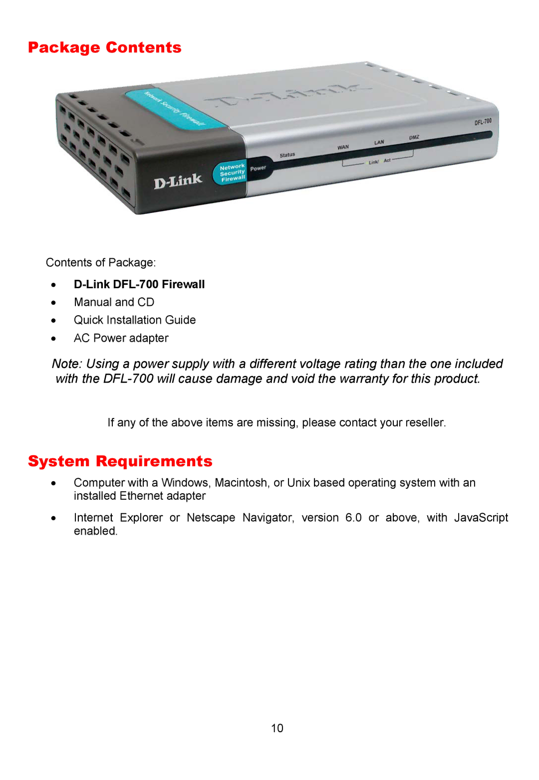 D-Link DFL-700 manual Package Contents, System Requirements 