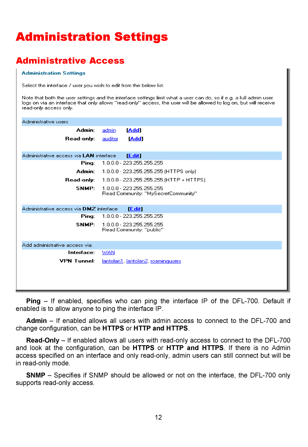 D-Link DFL-700 manual Administration Settings, Administrative Access 