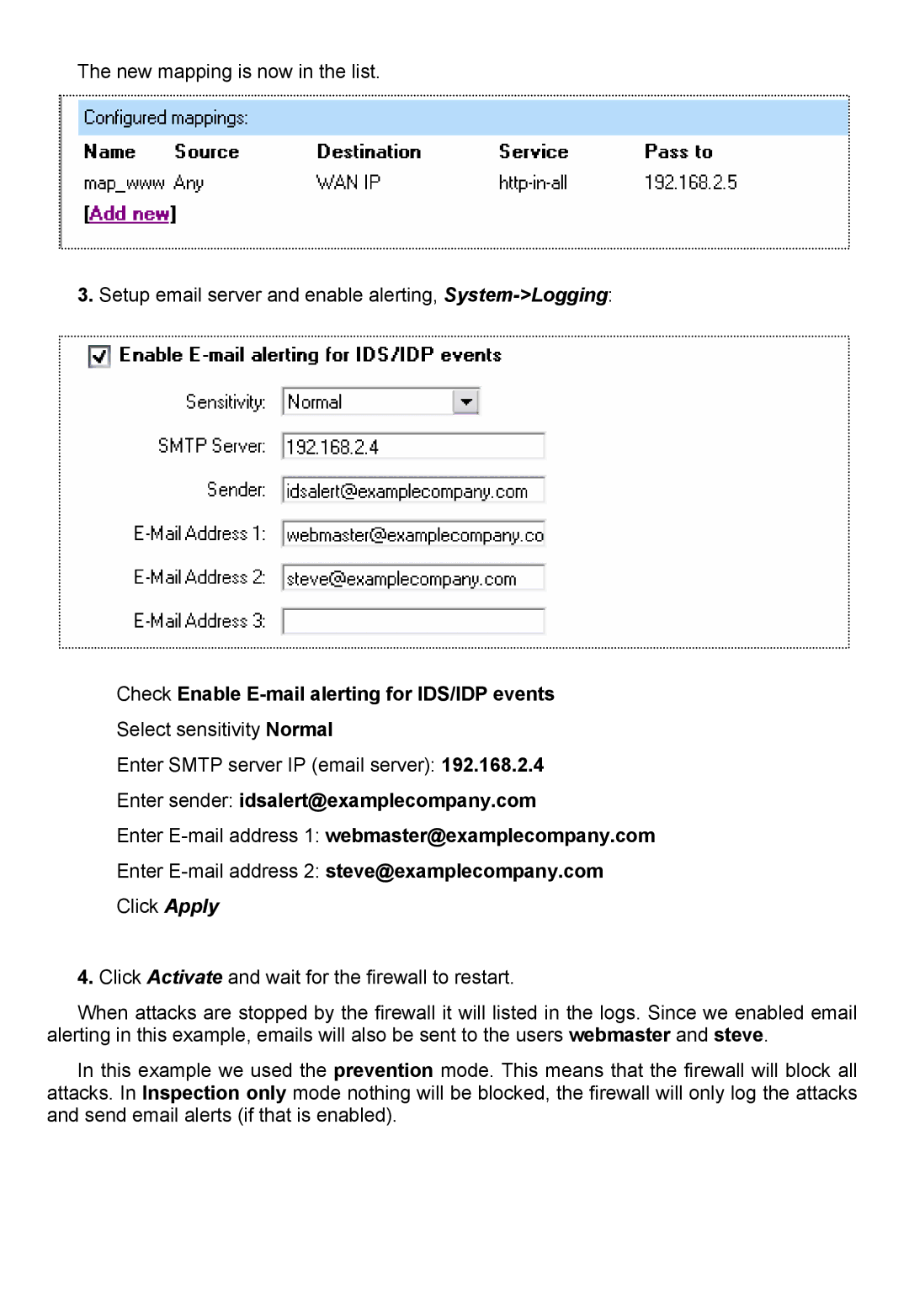 D-Link DFL-700 manual Check Enable E-mail alerting for IDS/IDP events 