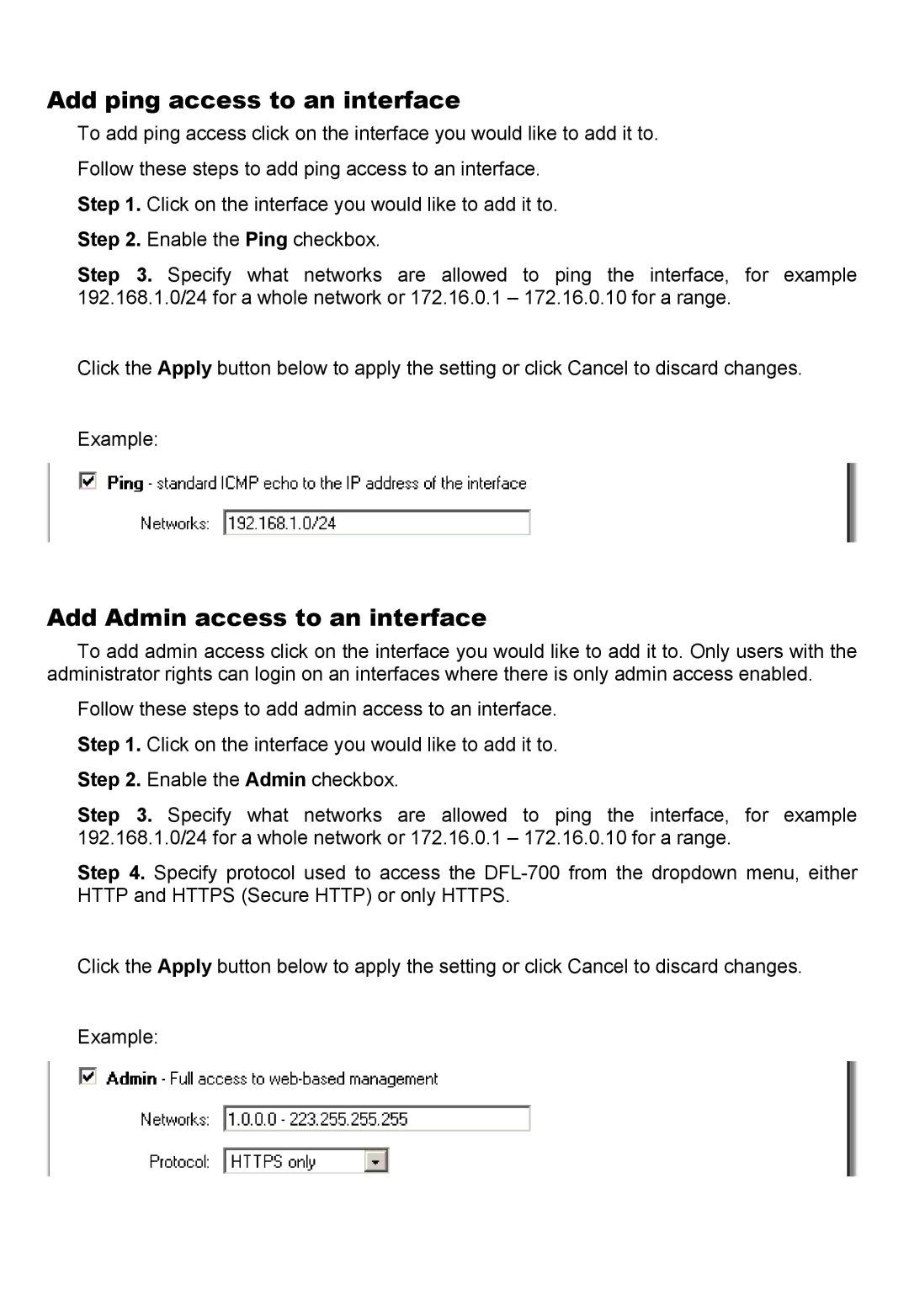 D-Link DFL-700 manual Add ping access to an interface, Add Admin access to an interface 
