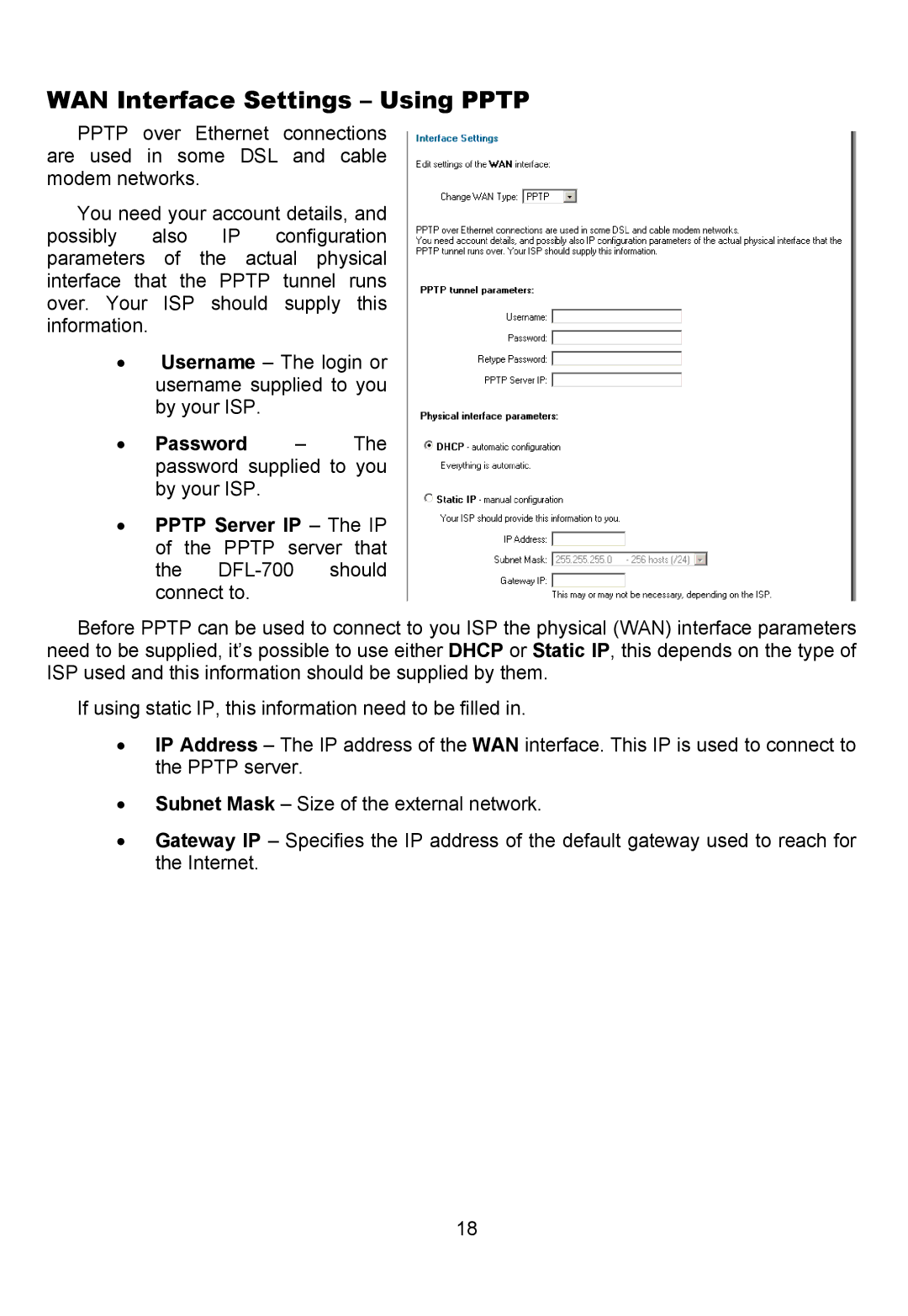 D-Link DFL-700 manual WAN Interface Settings Using Pptp 