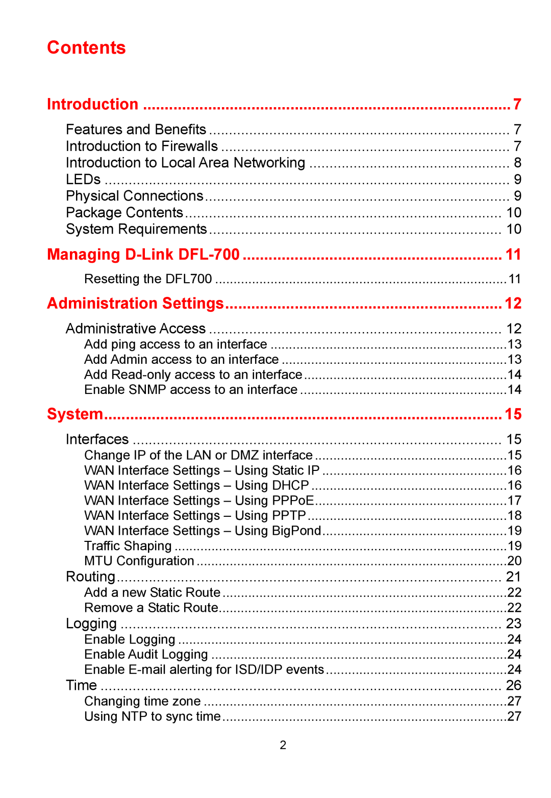 D-Link DFL-700 manual Contents 