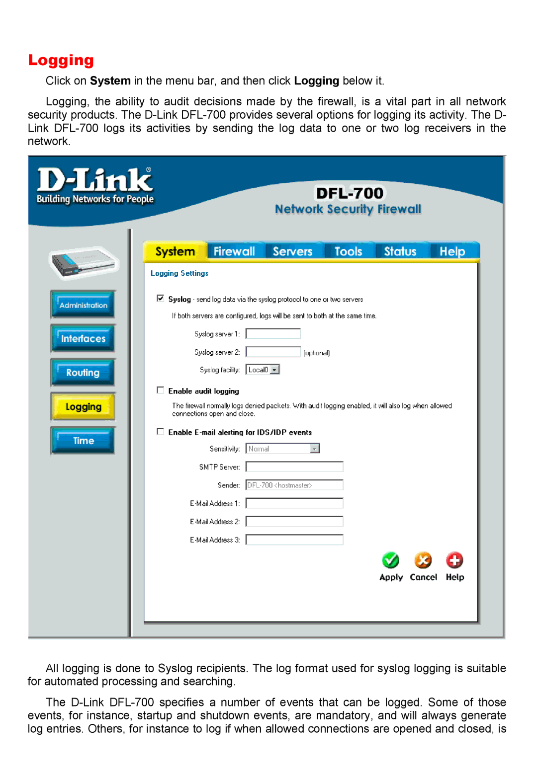 D-Link DFL-700 manual Logging 