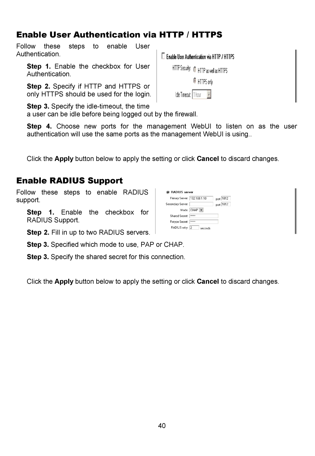 D-Link DFL-700 manual Enable User Authentication via Http / Https, Enable Radius Support 