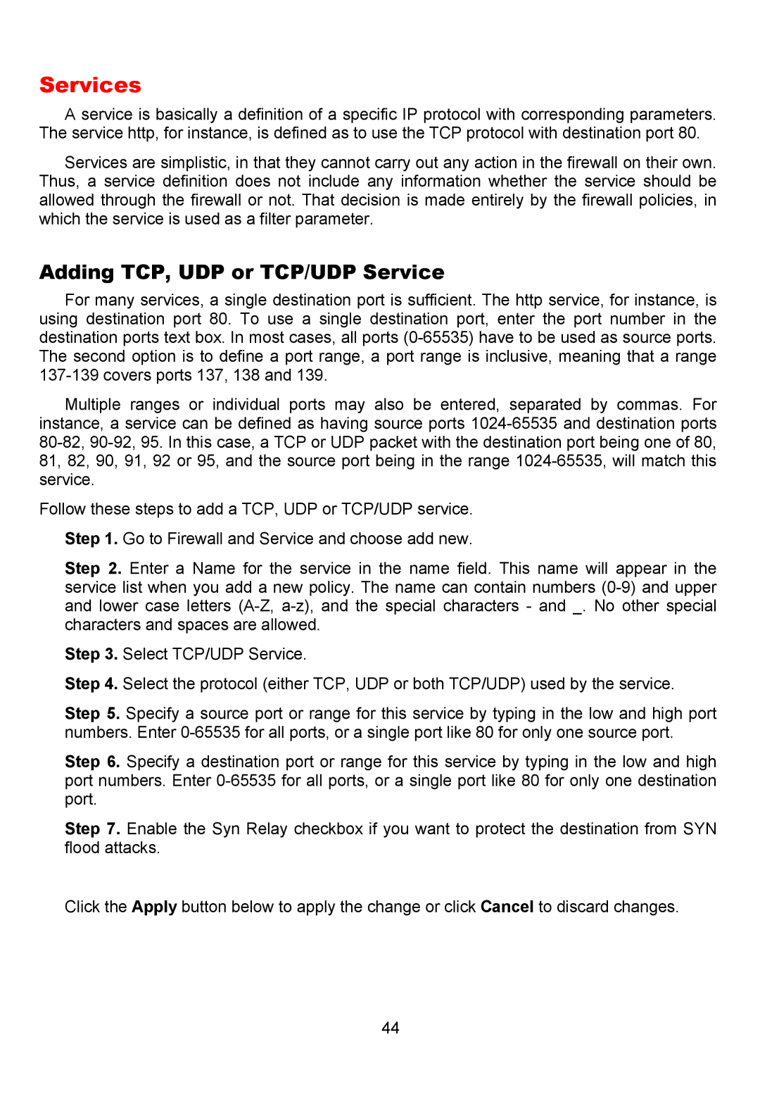 D-Link DFL-700 manual Services, Adding TCP, UDP or TCP/UDP Service 