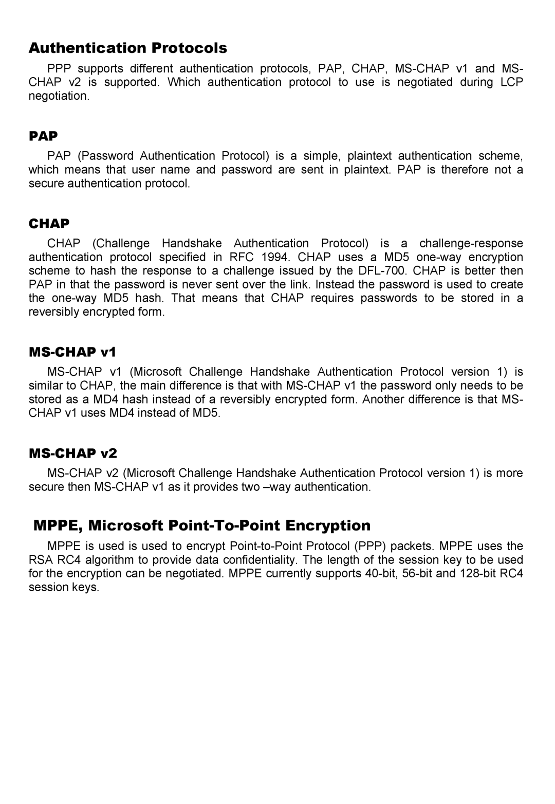 D-Link DFL-700 manual Authentication Protocols, MPPE, Microsoft Point-To-Point Encryption 