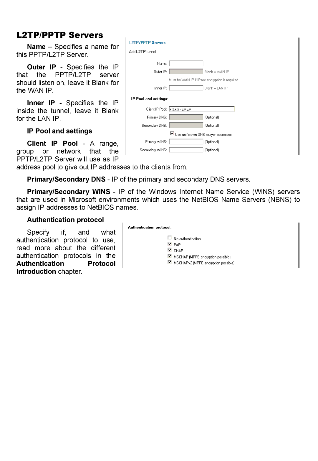 D-Link DFL-700 manual L2TP/PPTP Servers, Authentication Protocol Introduction chapter 