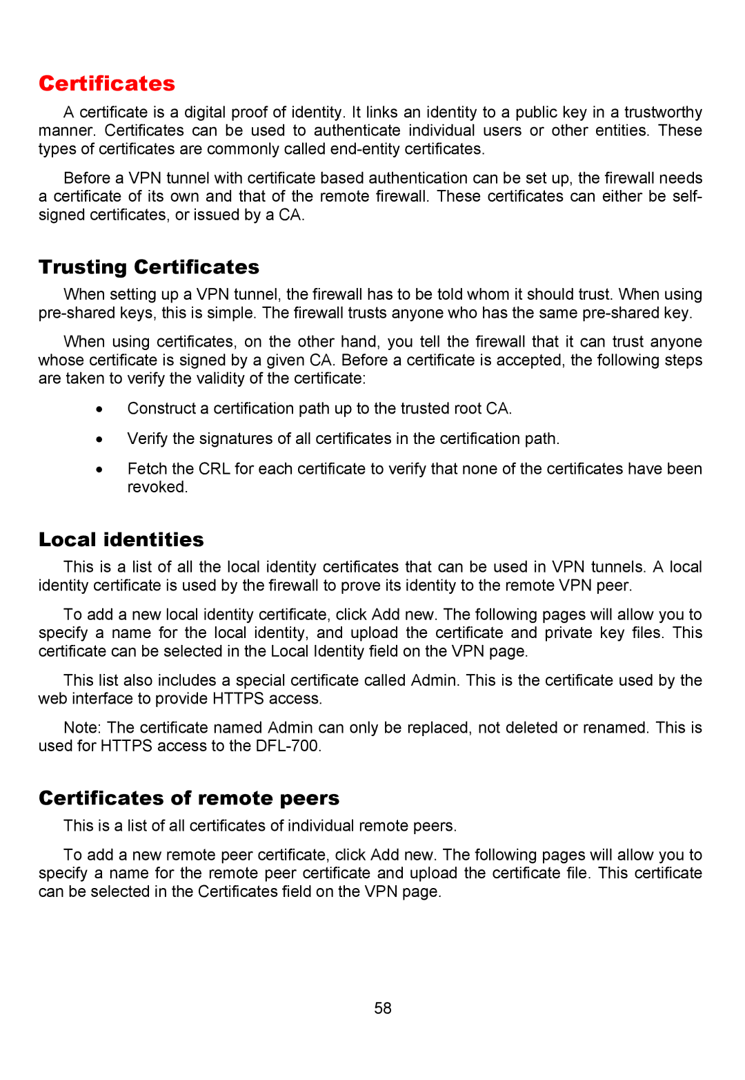 D-Link DFL-700 manual Trusting Certificates, Local identities, Certificates of remote peers 