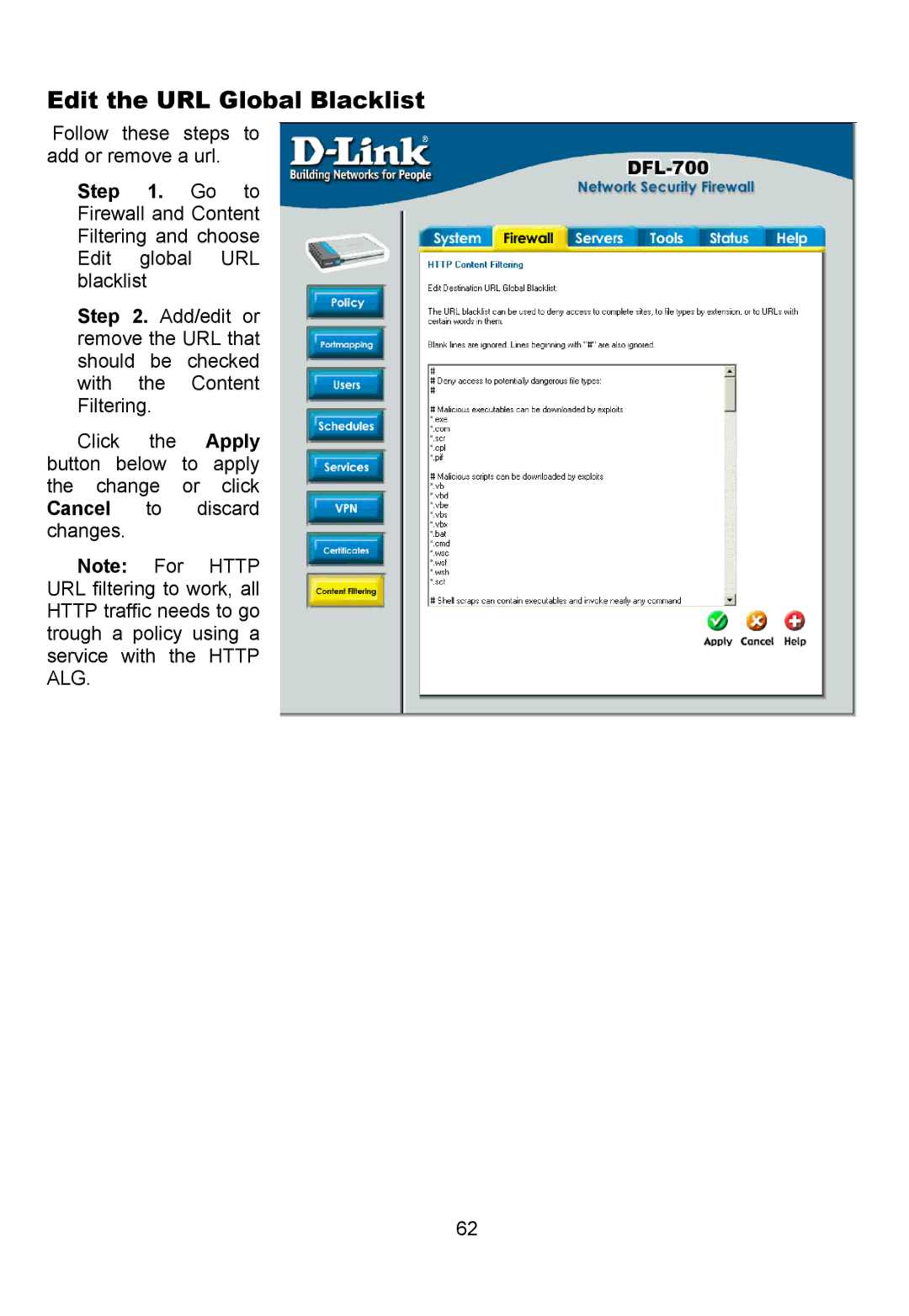D-Link DFL-700 manual Edit the URL Global Blacklist 