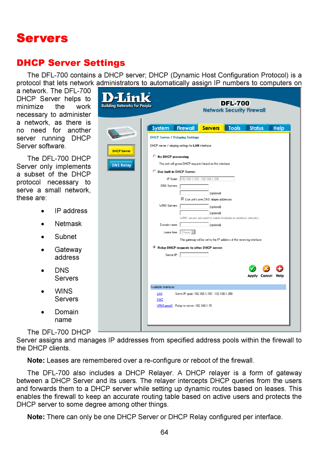 D-Link DFL-700 manual Servers, Dhcp Server Settings 