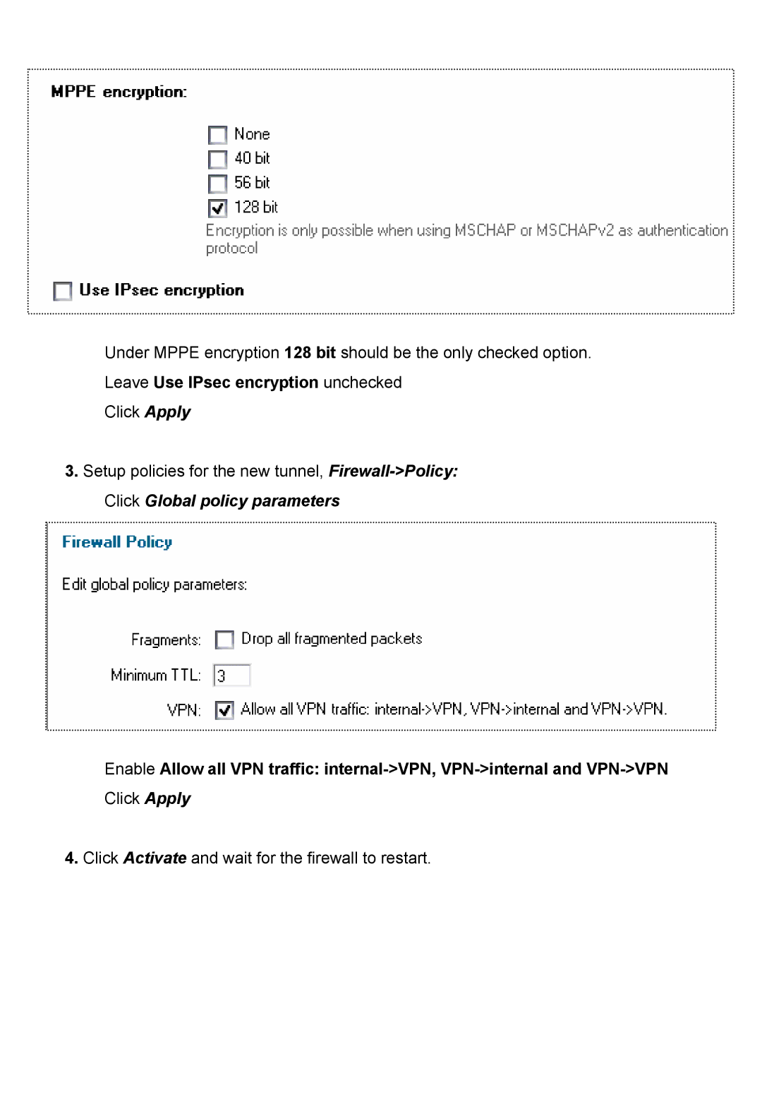 D-Link DFL-700 manual Click Activate and wait for the firewall to restart 