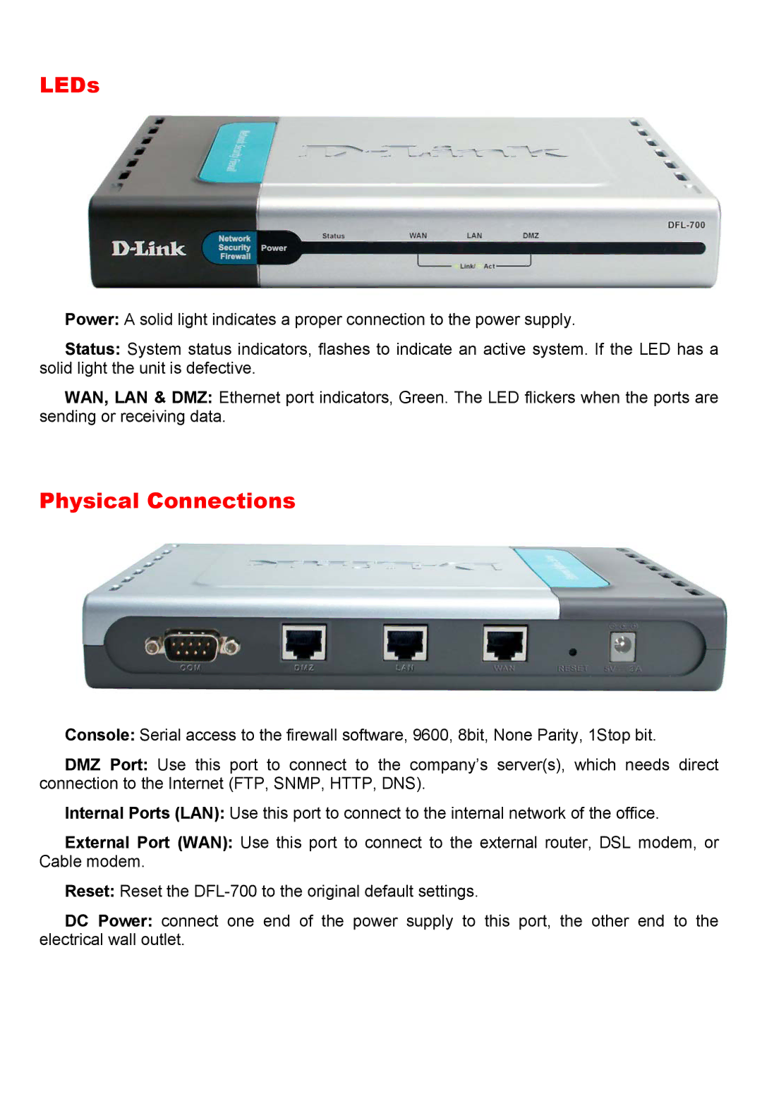 D-Link DFL-700 manual LEDs, Physical Connections 