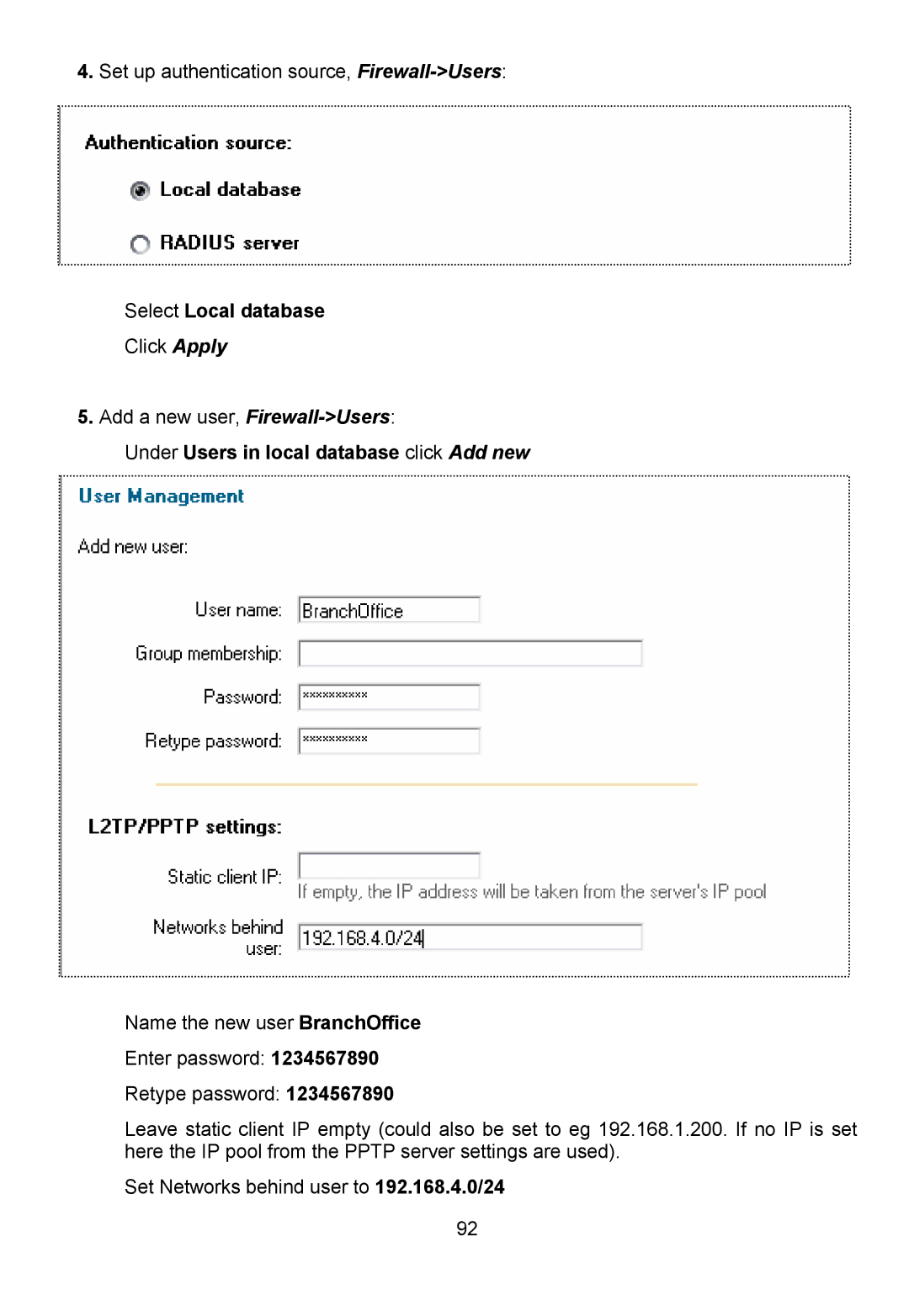 D-Link DFL-700 manual Select Local database, Under Users in local database click Add new 