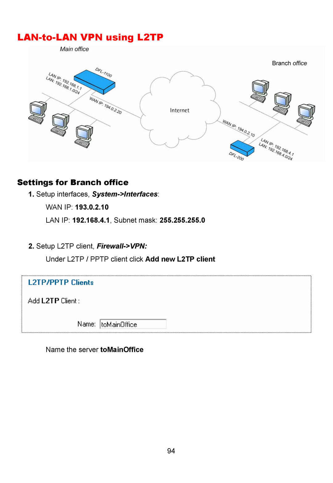 D-Link DFL-700 manual LAN-to-LAN VPN using L2TP, LAN IP 192.168.4.1, Subnet mask 