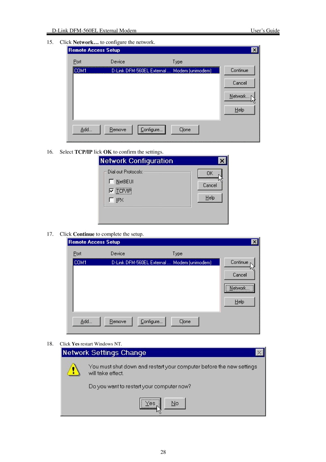 D-Link DFM-560EL manual Click Yes restart Windows NT 