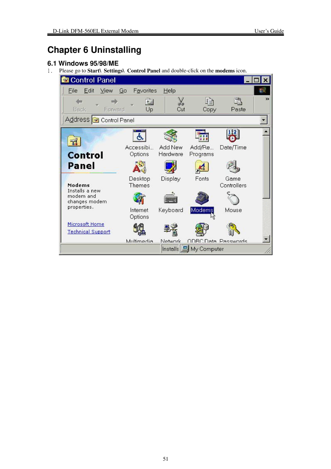 D-Link DFM-560EL manual Uninstalling, Windows 95/98/ME 