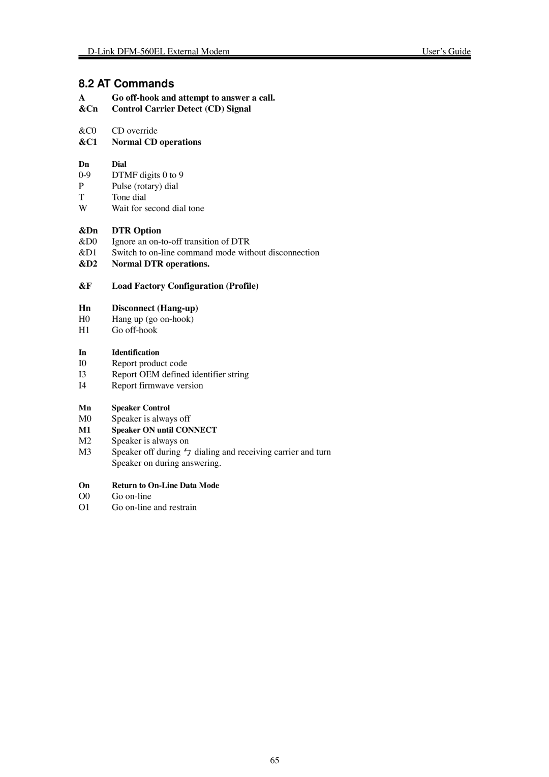 D-Link DFM-560EL manual AT Commands, Disconnect Hang-up 