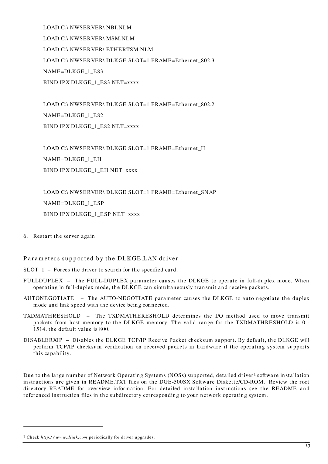 D-Link DGE-500SX manual Parameters supported by the DLKGE.LAN driver 