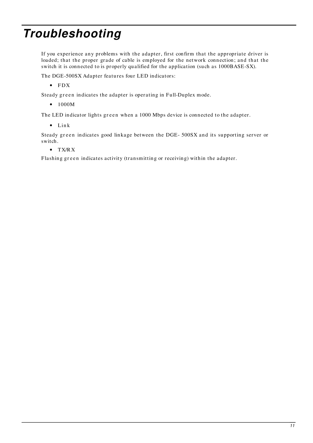 D-Link DGE-500SX manual Troubleshooting, Fdx 