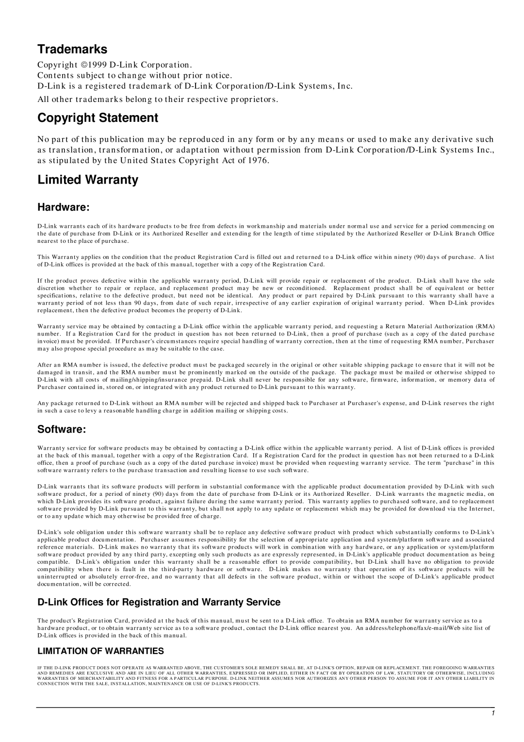 D-Link DGE-500SX manual Trademarks, Copyright Statement, Limited Warranty 