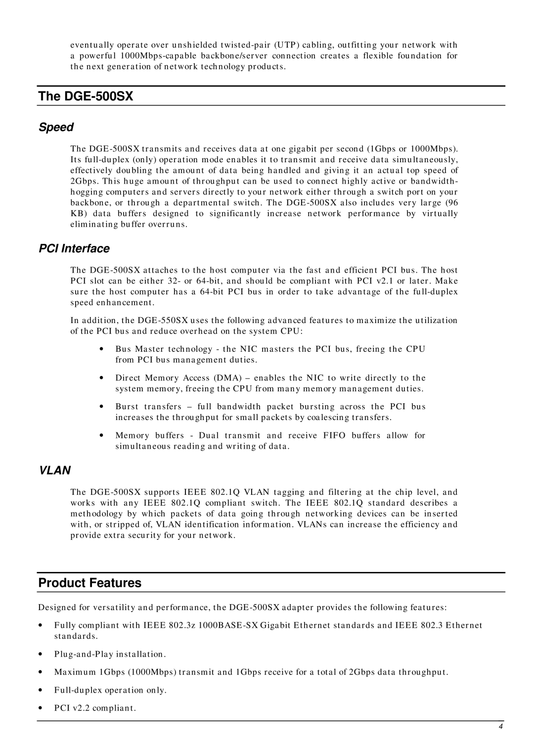 D-Link DGE-500SX manual Product Features, Speed, PCI Interface 