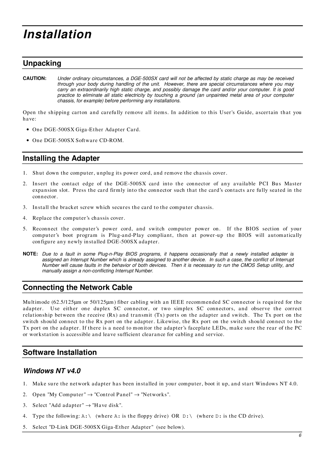 D-Link DGE-500SX manual Unpacking, Installing the Adapter, Connecting the Network Cable, Software Installation 