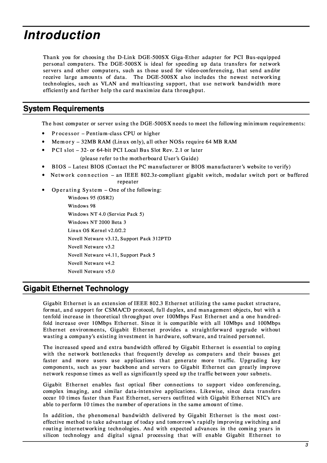 D-Link DGE-500SX manual Introduction, System Requirements, Gigabit Ethernet Technology 