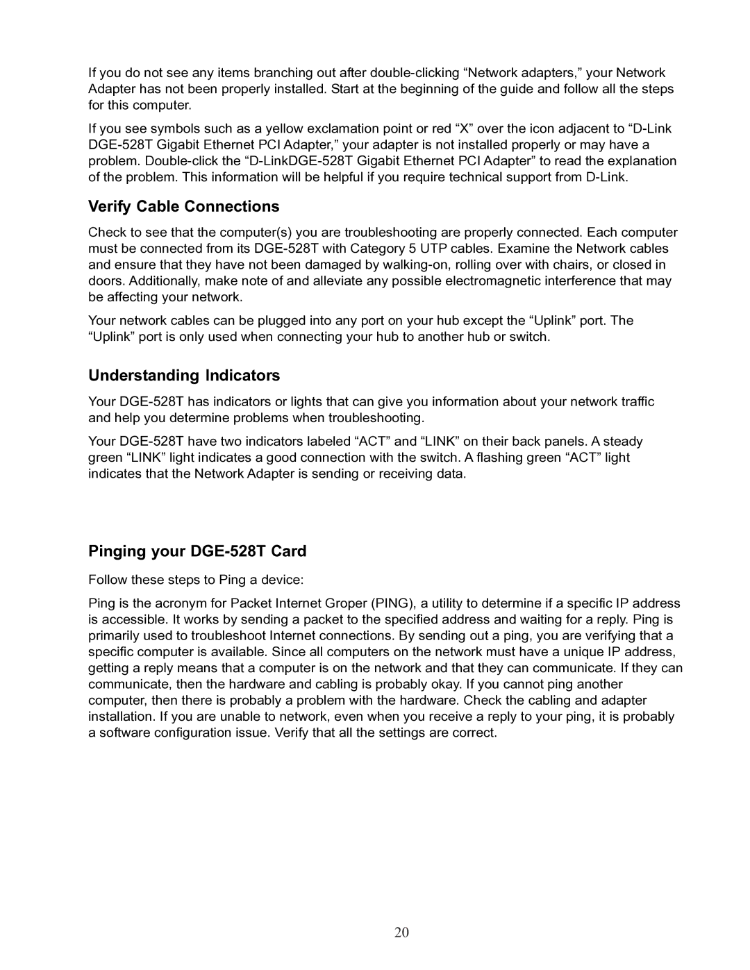 D-Link DGE-528T manual Verify Cable Connections 