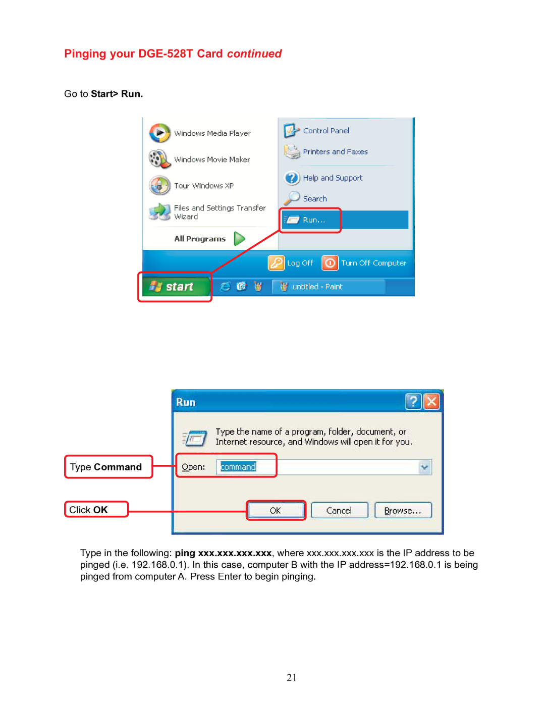 D-Link manual Pinging your DGE-528T Card 