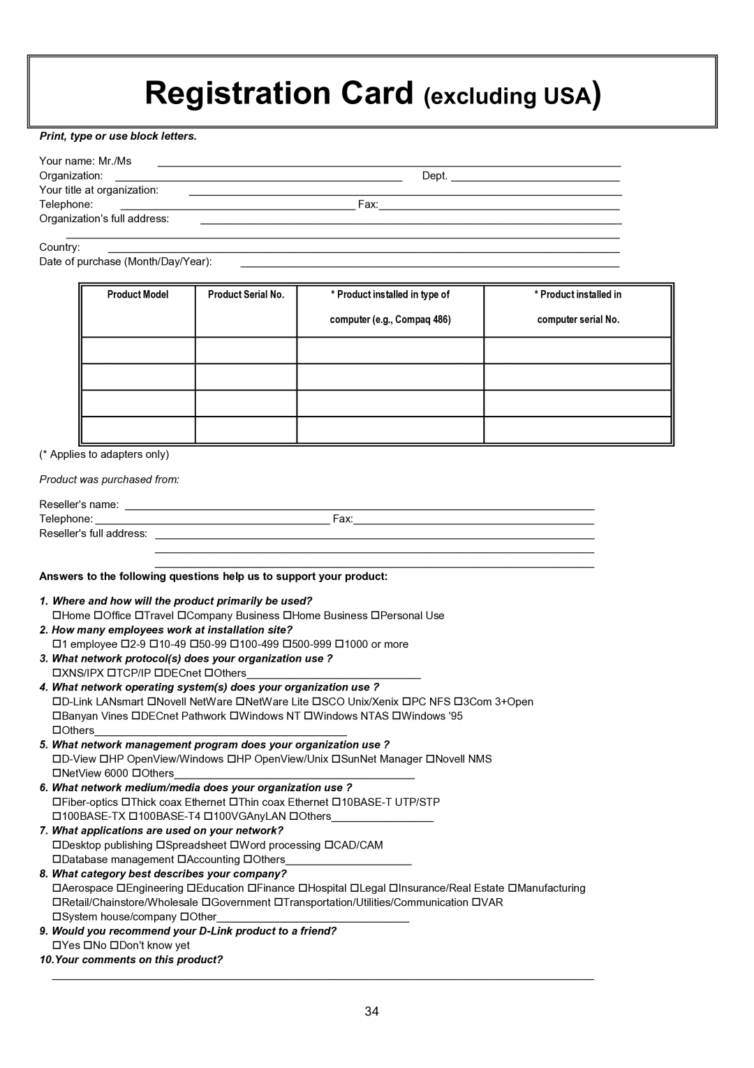 D-Link DGE-528T manual Registration Card excluding USA 