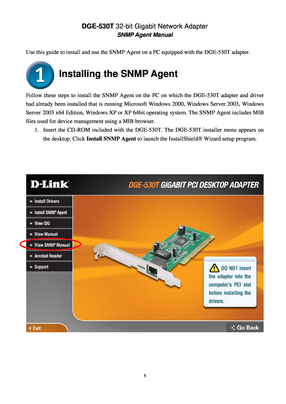 D-Link manual Installing the SNMP Agent, DGE-530T 32-bit Gigabit Network Adapter, SNMP Agent Manual 