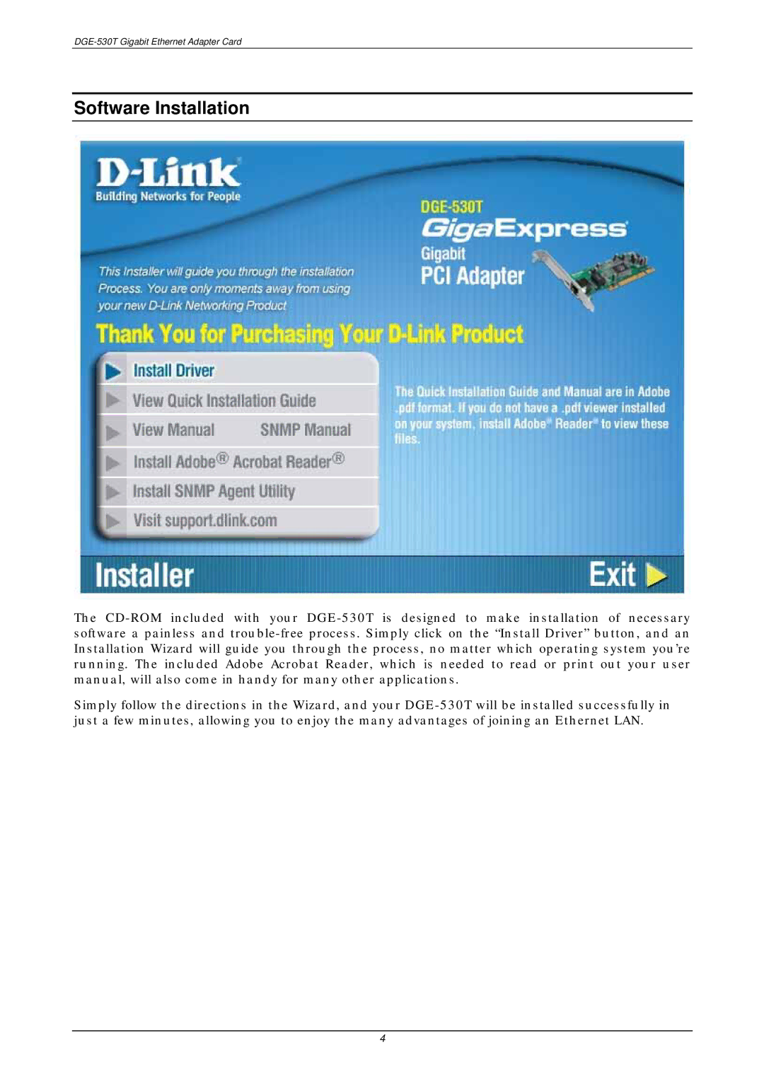 D-Link DGE-530T manual Software Installation 