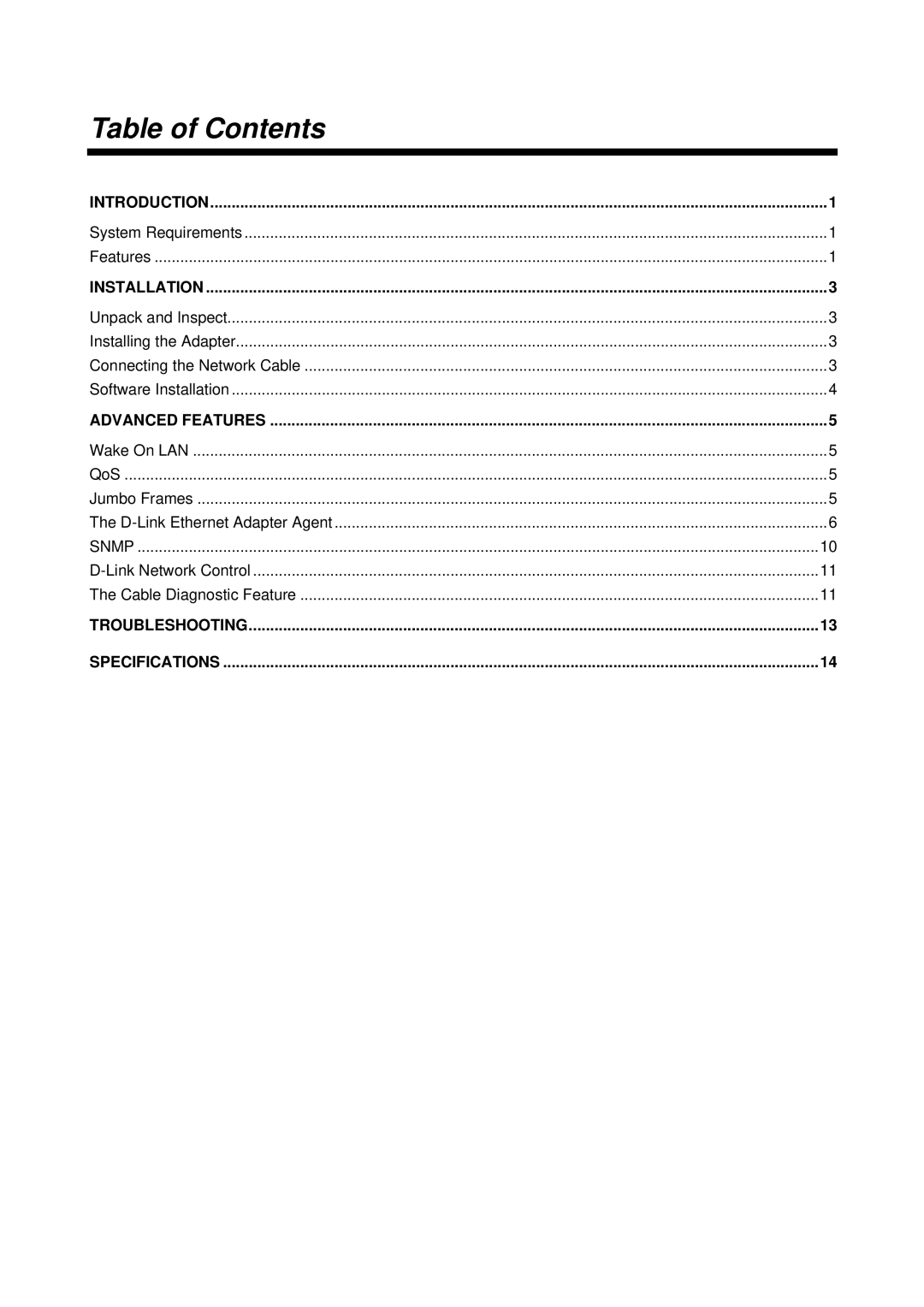 D-Link DGE-530T manual Table of Contents 