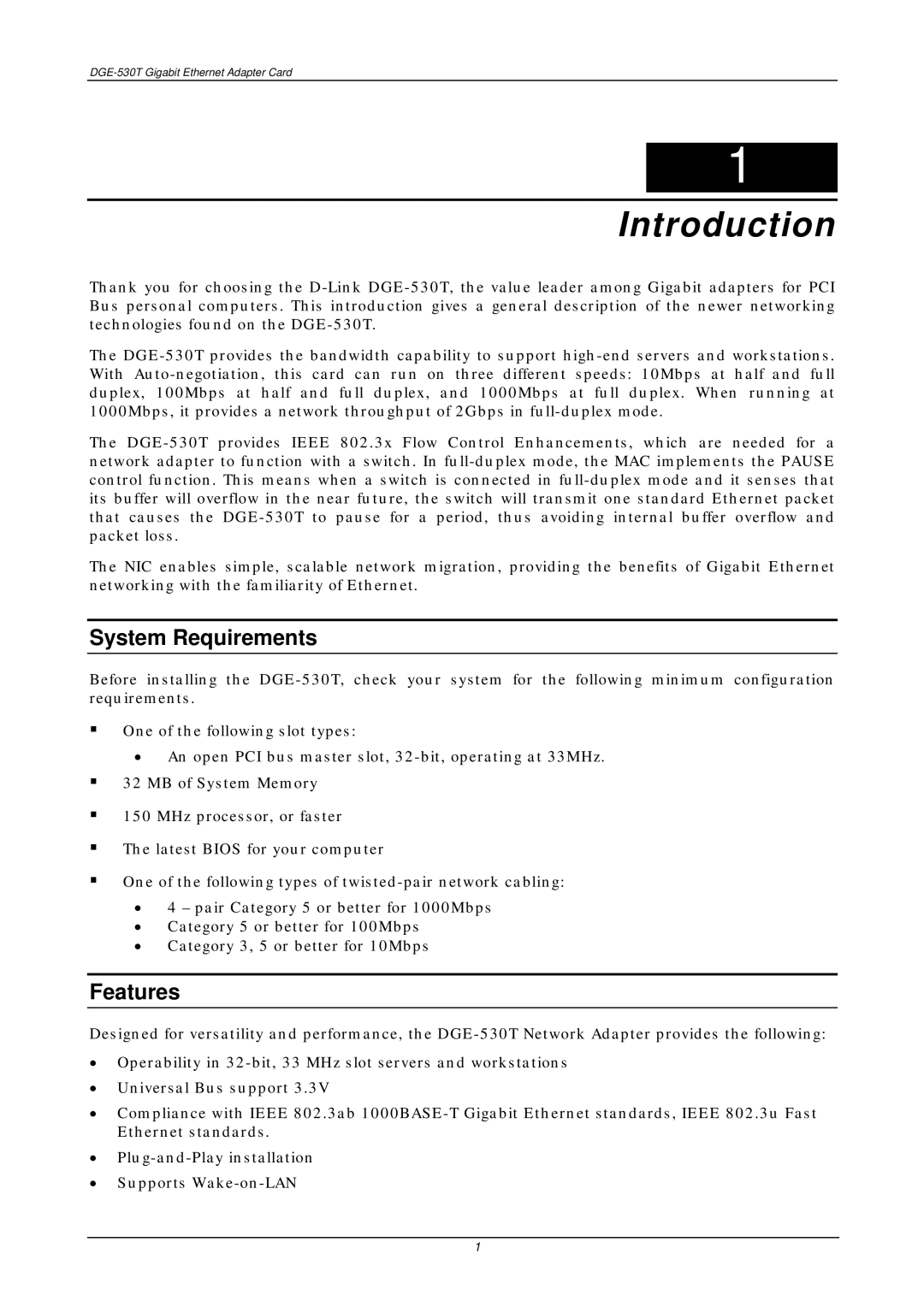 D-Link DGE-530T manual Introduction, System Requirements, Features 