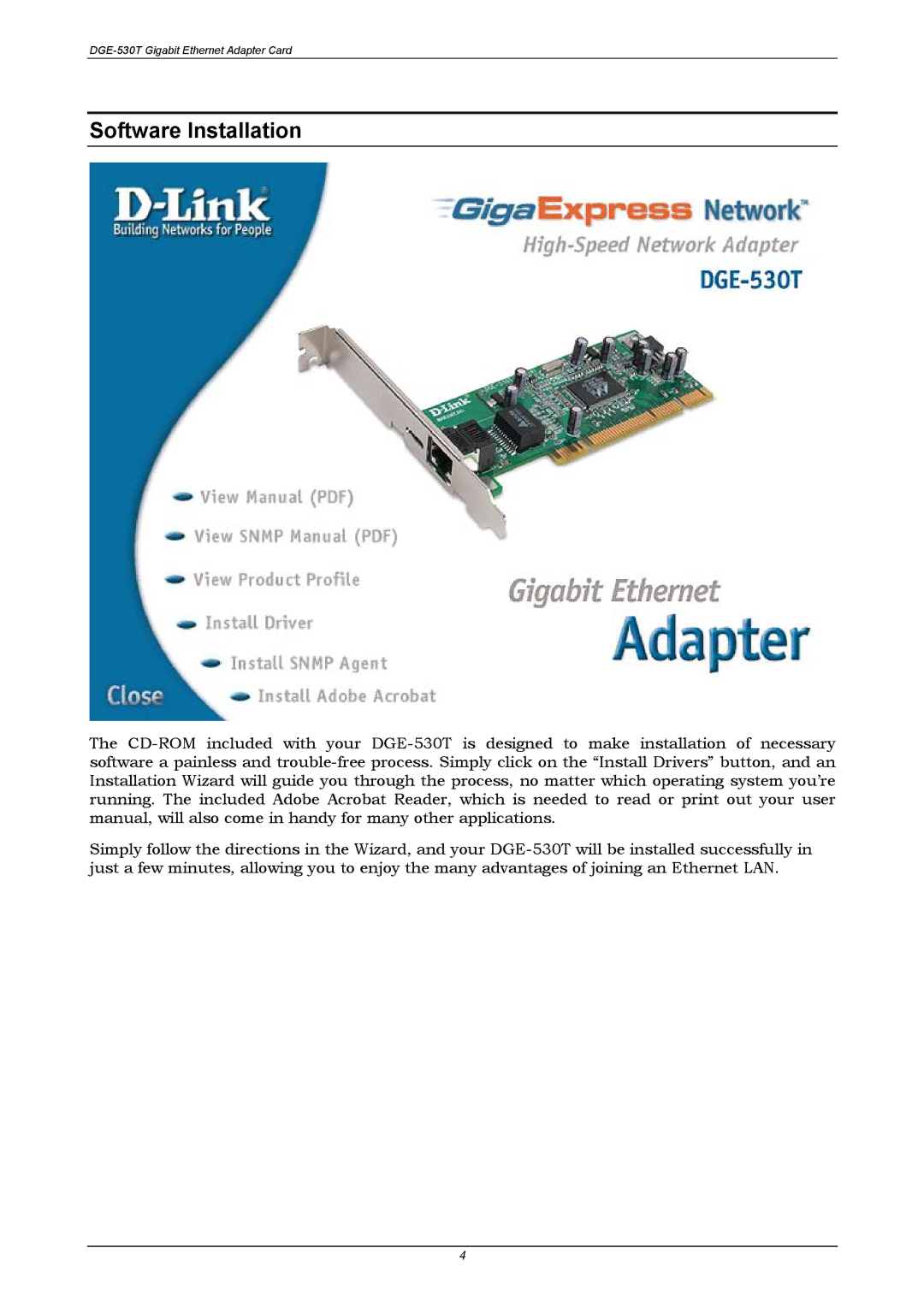 D-Link DGE-530T manual Software Installation 