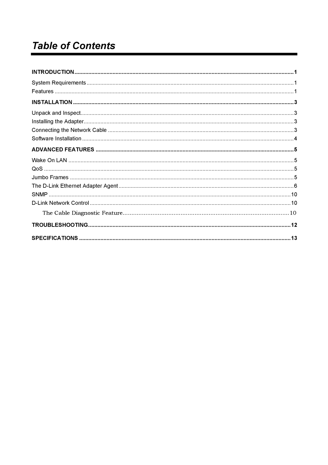 D-Link DGE-530T manual Table of Contents 